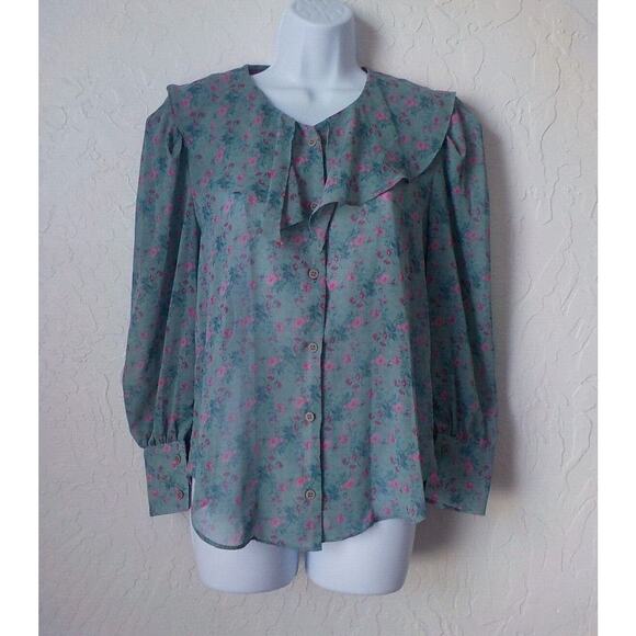 CRKO Cherry Koko Romantic Floral Blouse Green Pink Long Sleeves Button Up Fits M - Picture 2 of 6